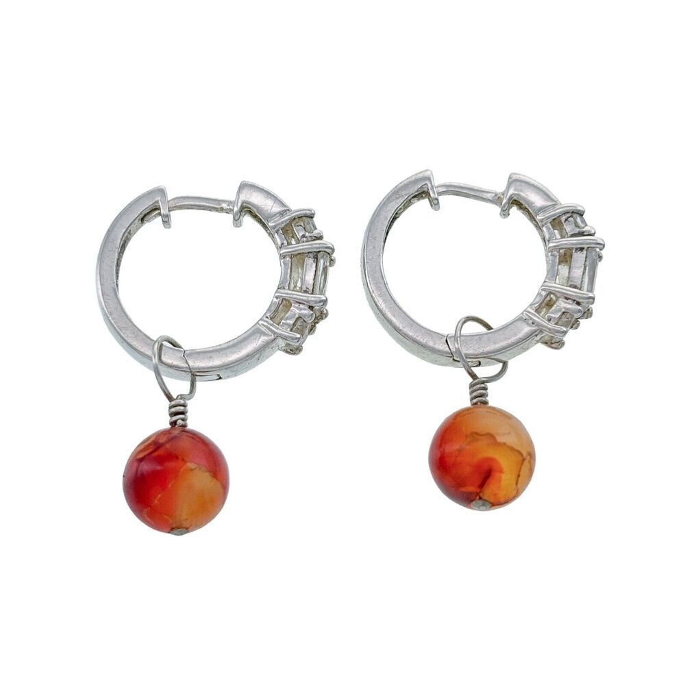 Vintage Sterling Silver 925 Carnelian Cubic Zirconia Hoop Dangle Earrings
